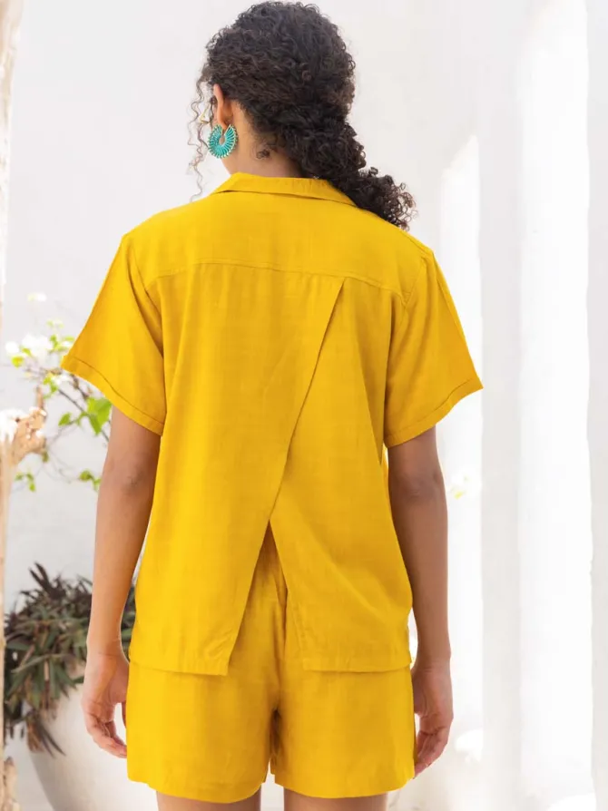 Autumn Solid Yellow Back Slit Shirt