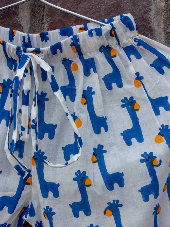 Blue Giraffe Block Printed Cotton Top & Pyjama Set
