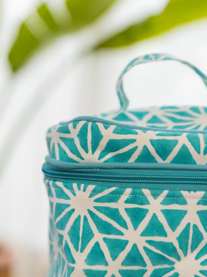 Blue Star Block Printed Cotton Travel Vanity Case