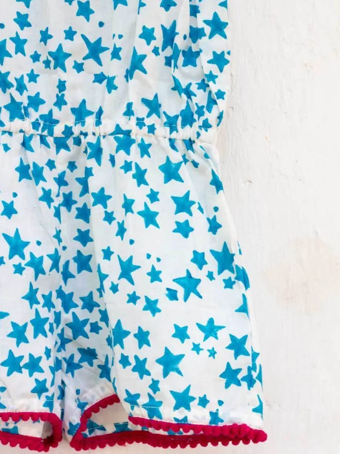 Blue Star Organic Cotton Block Printed Jumpsuit with Pompoms