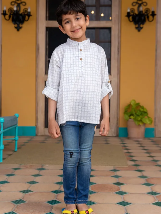 Checkmate Organic Cotton Shirt Kurta with Roll Up Sleeves