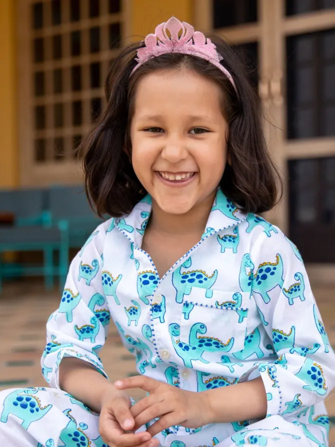 Dino Block Printed Cotton Top & Pyjama Set