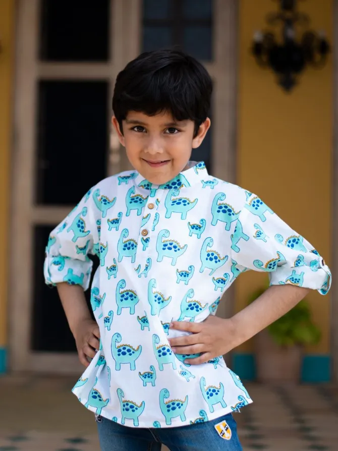 Dino Organic Cotton Shirt Kurta with Roll Up Sleeves