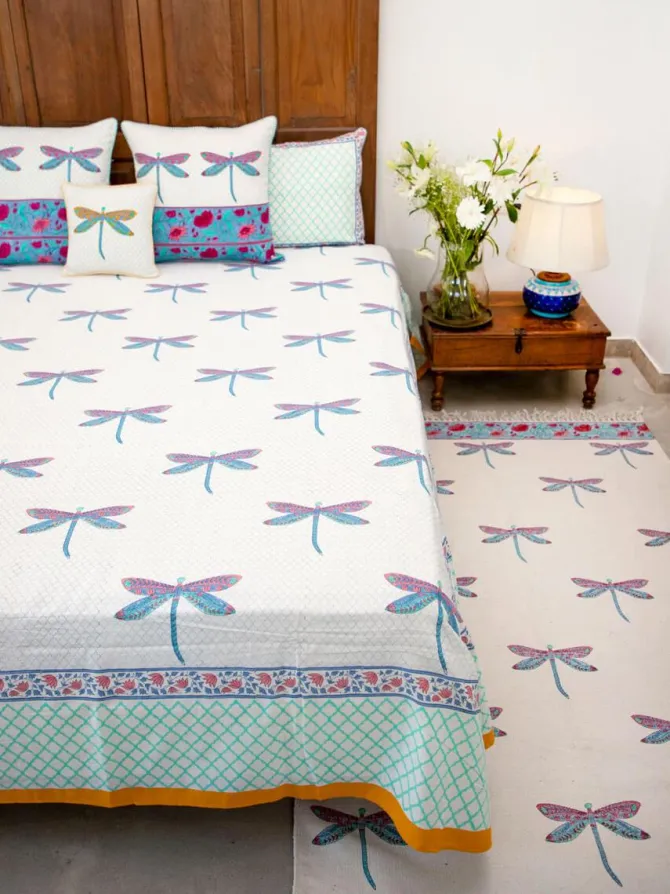 Dragonfly Block Printed Cotton Bedsheet