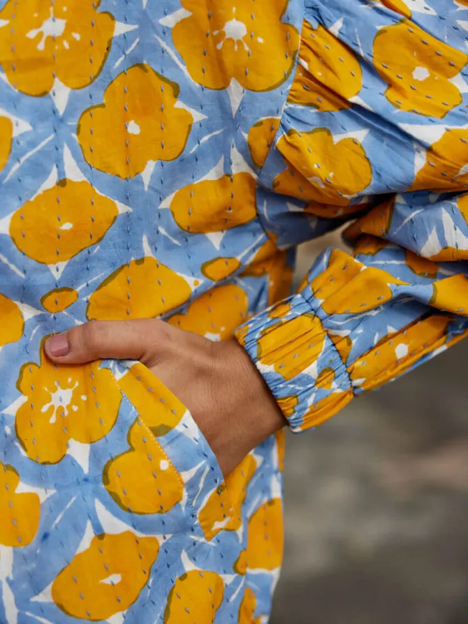 Euphoria Kantha Embroidered Block Printed Bomber Jacket