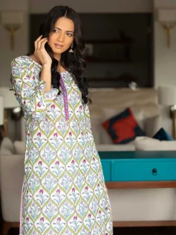 Falgun Cotton Rayon Hand Block Printed Long Kurta