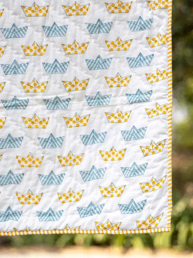 Fishing Boat Hand Block Printed Cotton Quilt for Infants