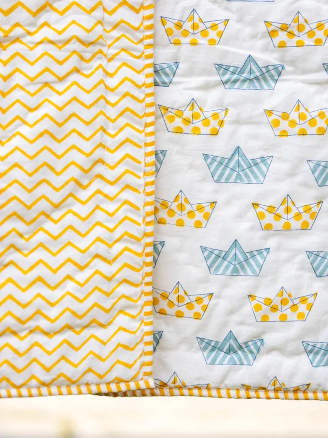 Fishing Boat Hand Block Printed Cotton Quilt for Infants
