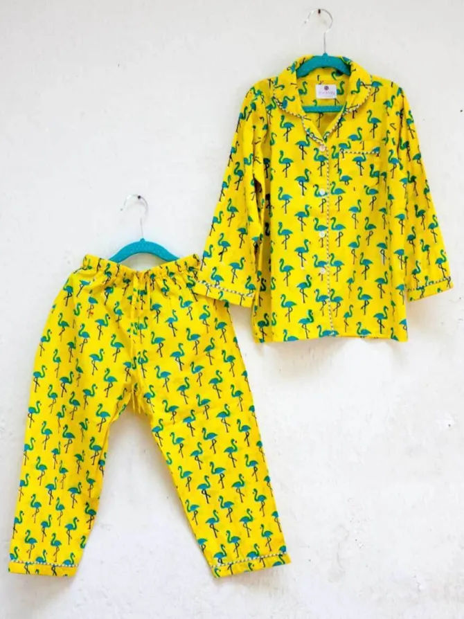 Flamingo Dance Block Printed Cotton Top & Pyjama Set