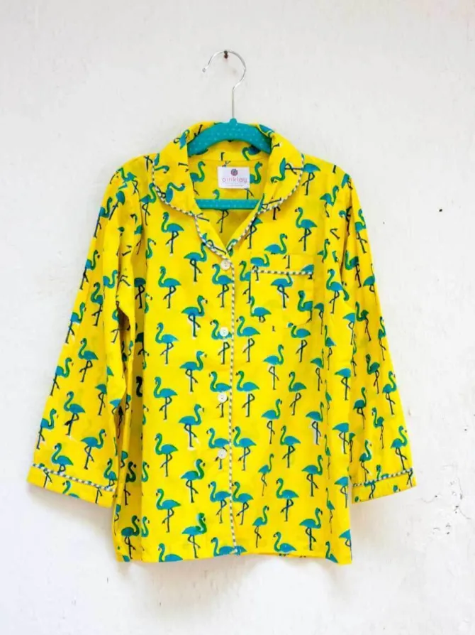 Flamingo Dance Block Printed Cotton Top & Pyjama Set