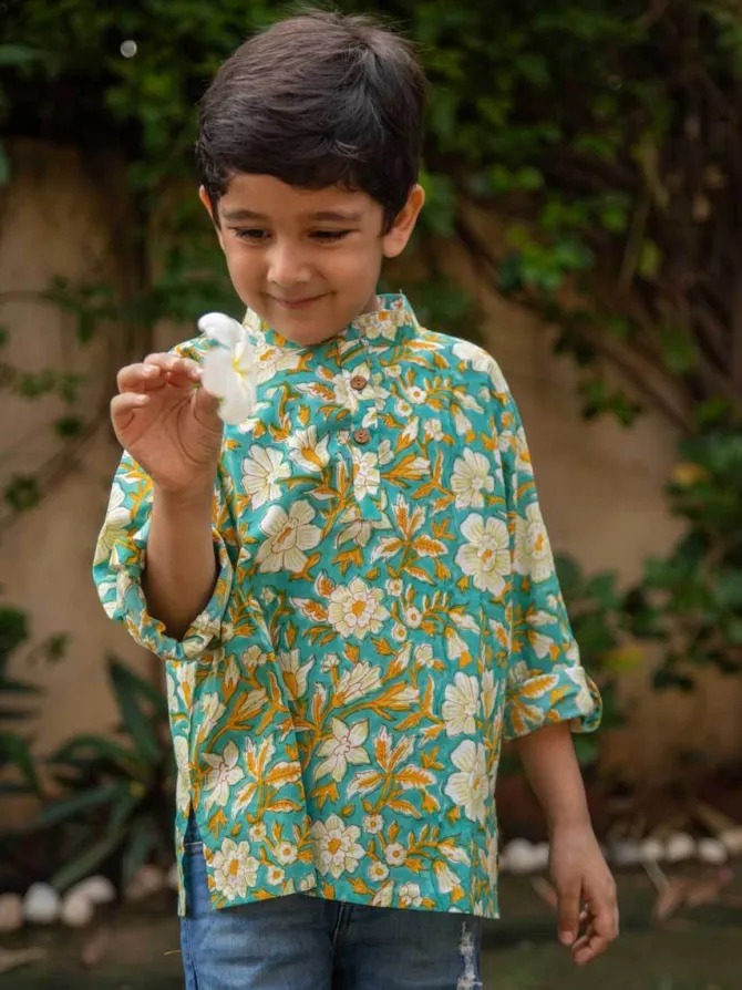 Floral Organic Cotton Shirt Kurta with Roll Up Sleeves