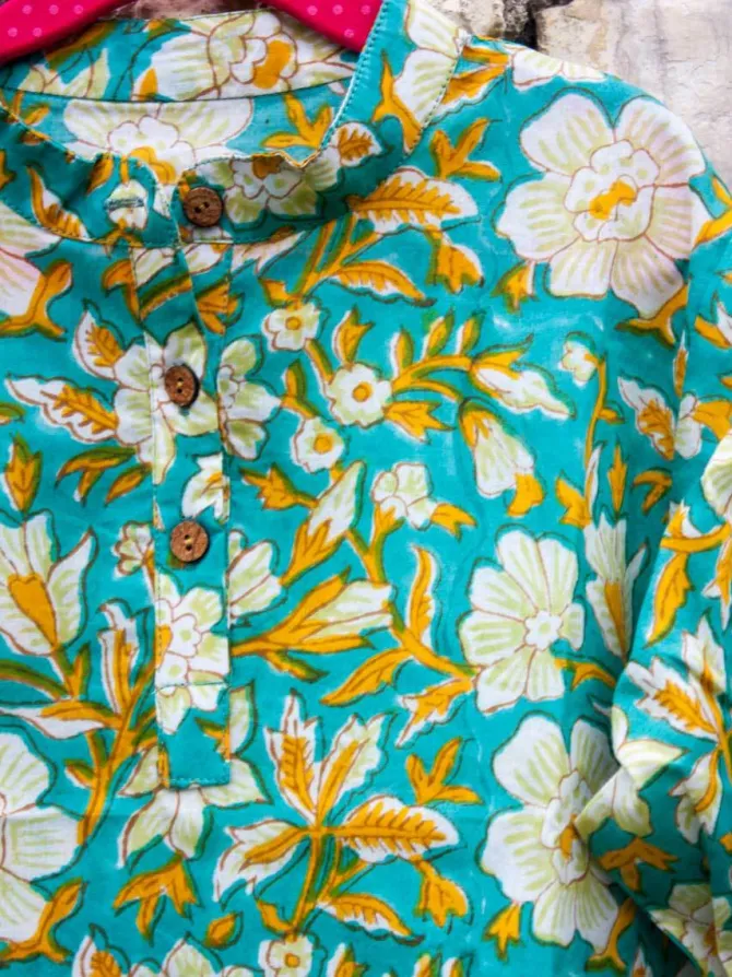 Floral Organic Cotton Shirt Kurta with Roll Up Sleeves