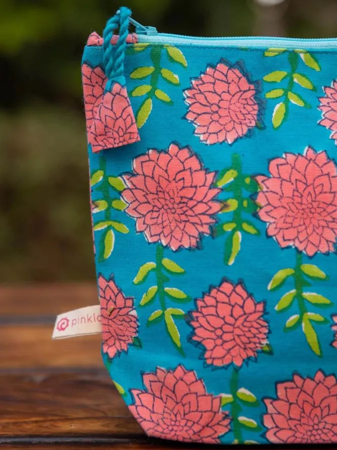 Floral Turquoise Block Printed Cotton Travel Case