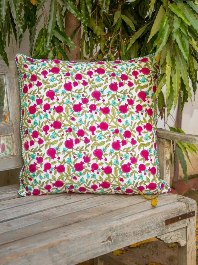 Fruits of Paradise Block Printed Cotton Cushion Cover - 24 Inch
