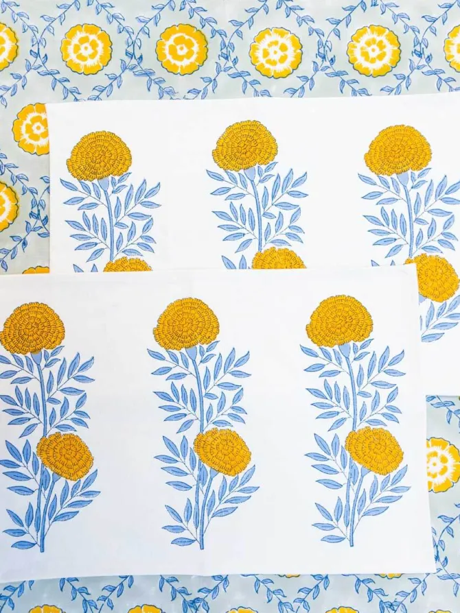 Golden Bloom Block Printed Cotton Table Mats