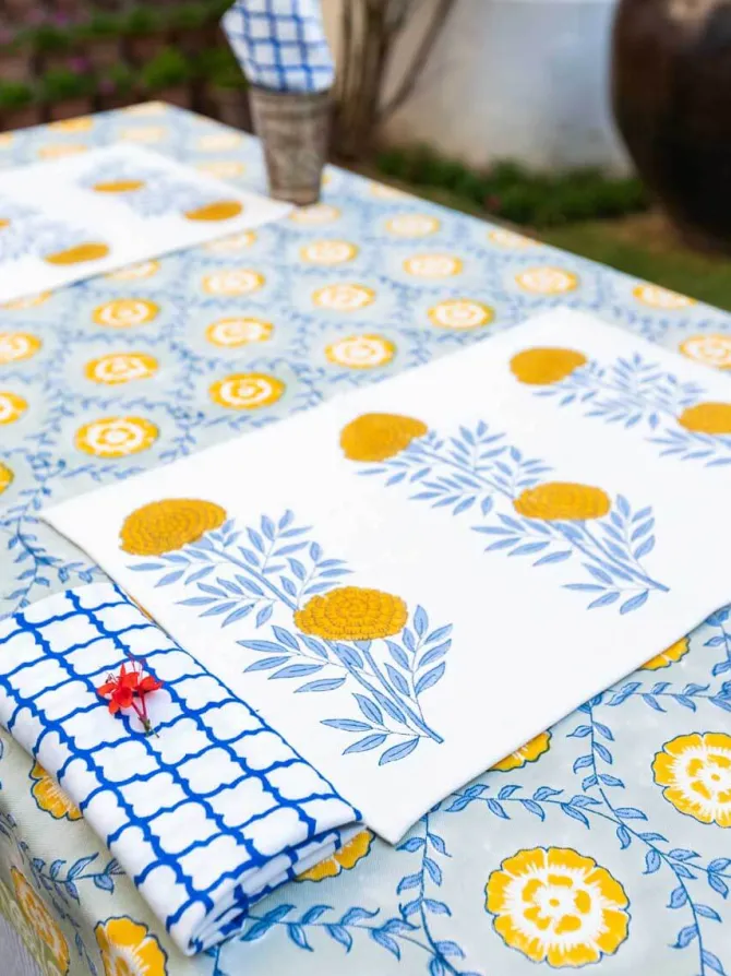 Golden Bloom Block Printed Cotton Table Mats