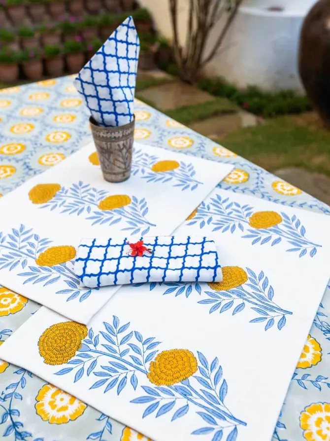Golden Bloom Block Printed Cotton Table Mats