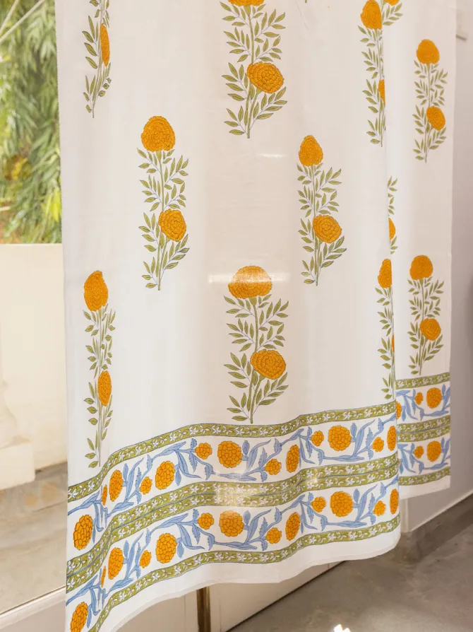 Golden Bloom Hand Block Printed Cotton Curtain