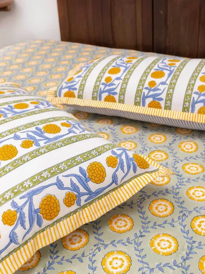 Golden Bloom Hand Block Printed Cotton Bed Sheet