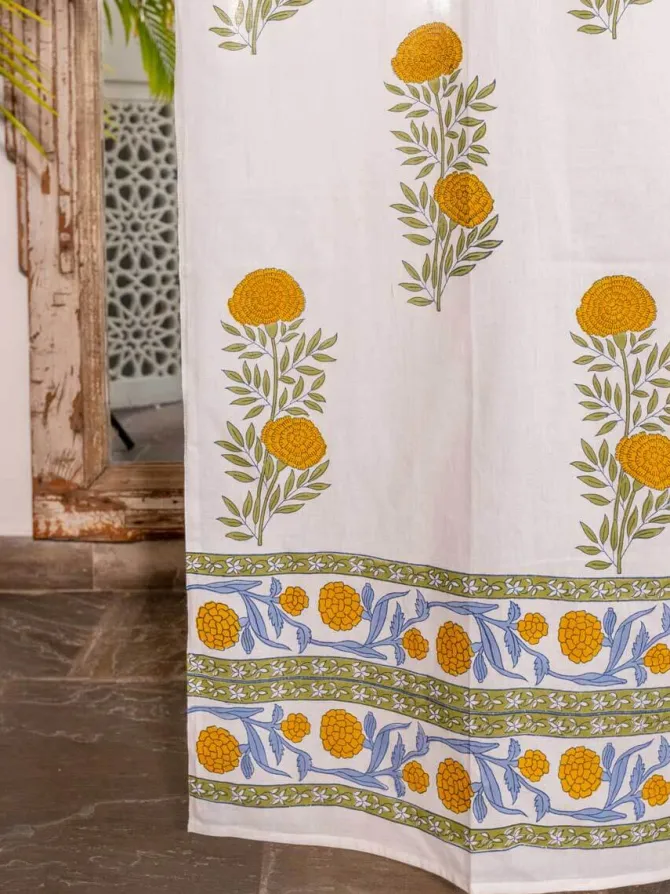 Golden Bloom Hand Block Printed Cotton Curtain