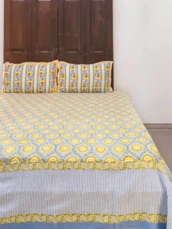 Golden Bloom Hand Block Printed Cotton Bed Sheet