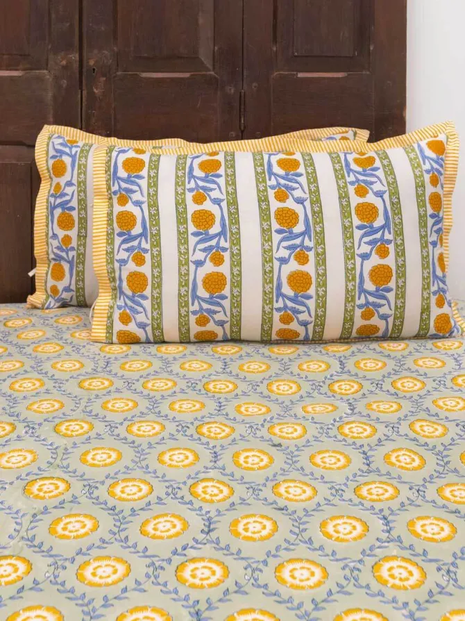 Golden Bloom Hand Block Printed Cotton Bed Sheet