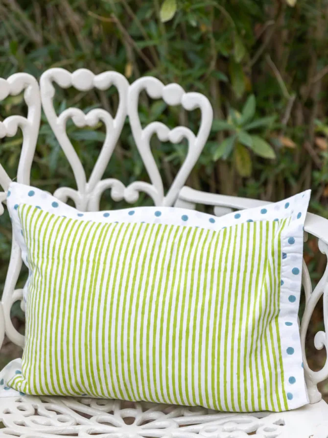Green Stripes Block Printed Cotton Infant Pillow
