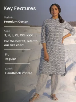 Grey Ikat Handblock Printed Cotton Kurta