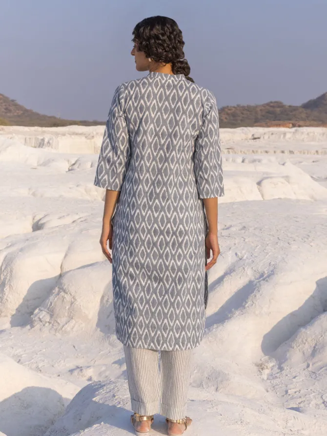 Grey Ikat Handblock Printed Cotton Kurta