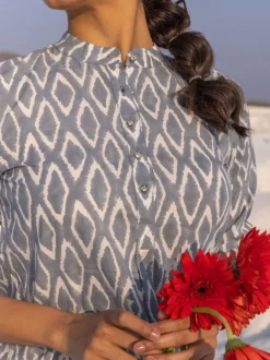 Grey Ikat Handblock Printed Cotton Kurta