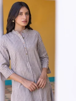 Grey Stripes Block Printed Cotton Kurta