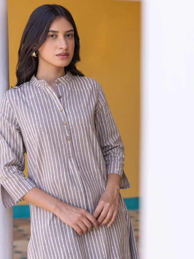 Grey Stripes Block Printed Cotton Kurta