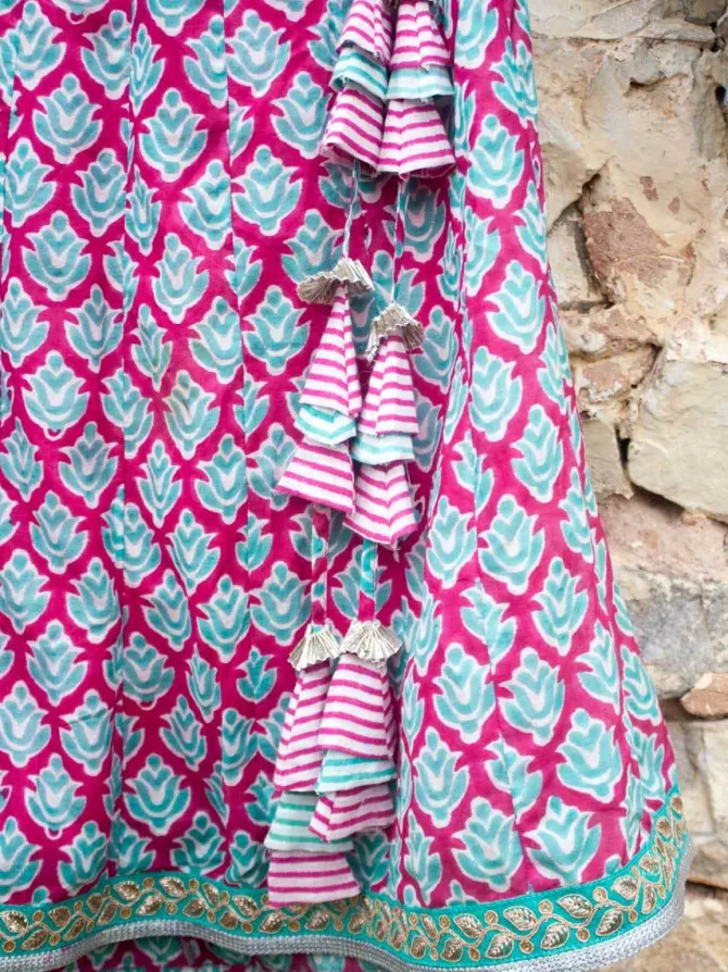 Gulaabi Block Printed Cotton Silk Lehanga Set of 4