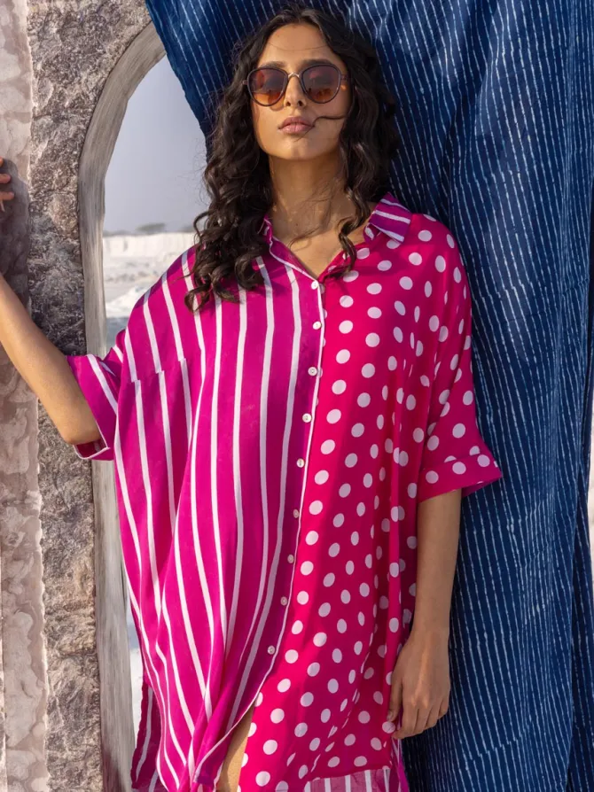 I Love Pink' Oversized Asymmetrical Modal Long Shirt
