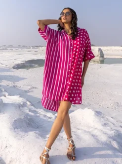 I Love Pink' Oversized Asymmetrical Modal Long Shirt