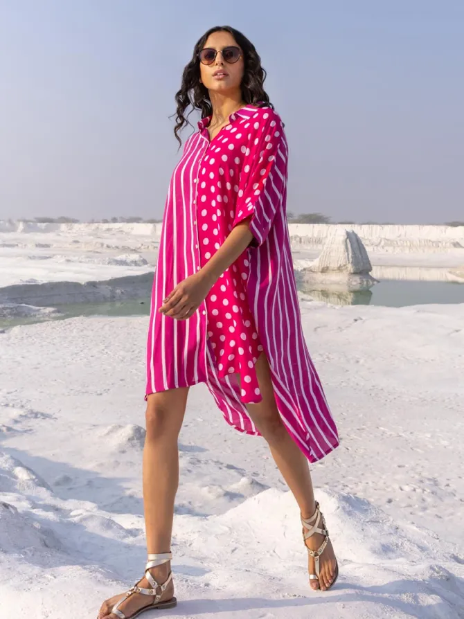 I Love Pink' Oversized Asymmetrical Modal Long Shirt