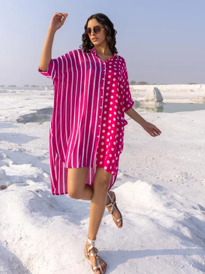 I Love Pink' Oversized Asymmetrical Modal Long Shirt