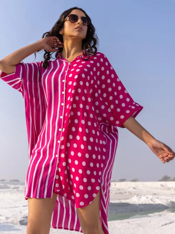 I Love Pink' Oversized Asymmetrical Modal Long Shirt