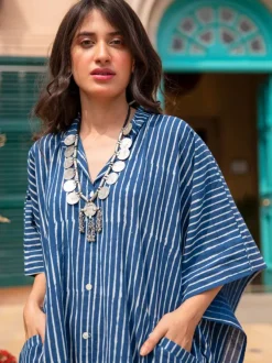 Indigo Stripes Dabu Kaftan Cotton Shirt Dress