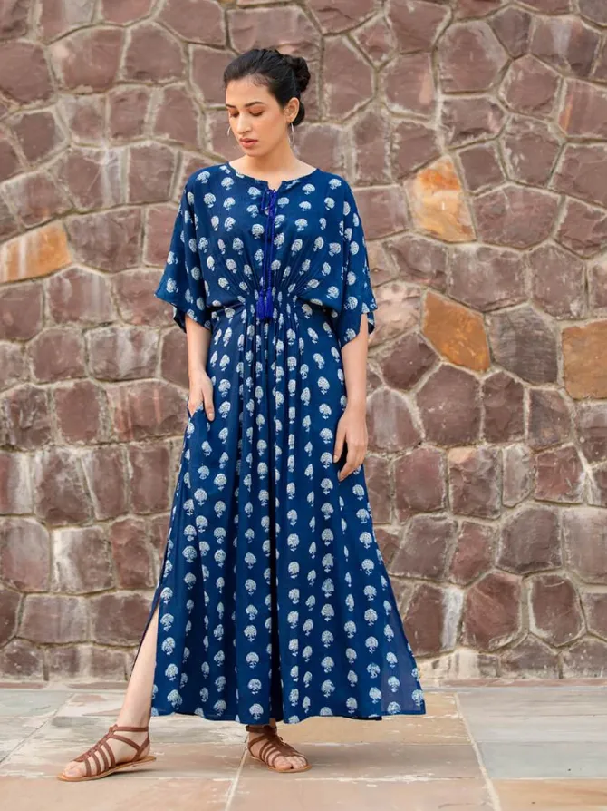 Jheel Indigo Printed Daabu Modal Kaftan Dress