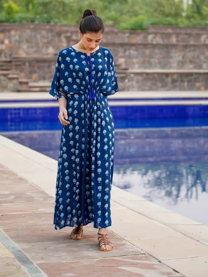 Jheel Indigo Printed Daabu Modal Kaftan Dress