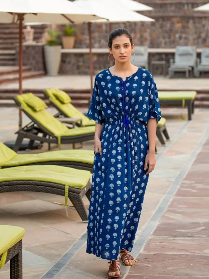 Jheel Indigo Printed Daabu Modal Kaftan Dress