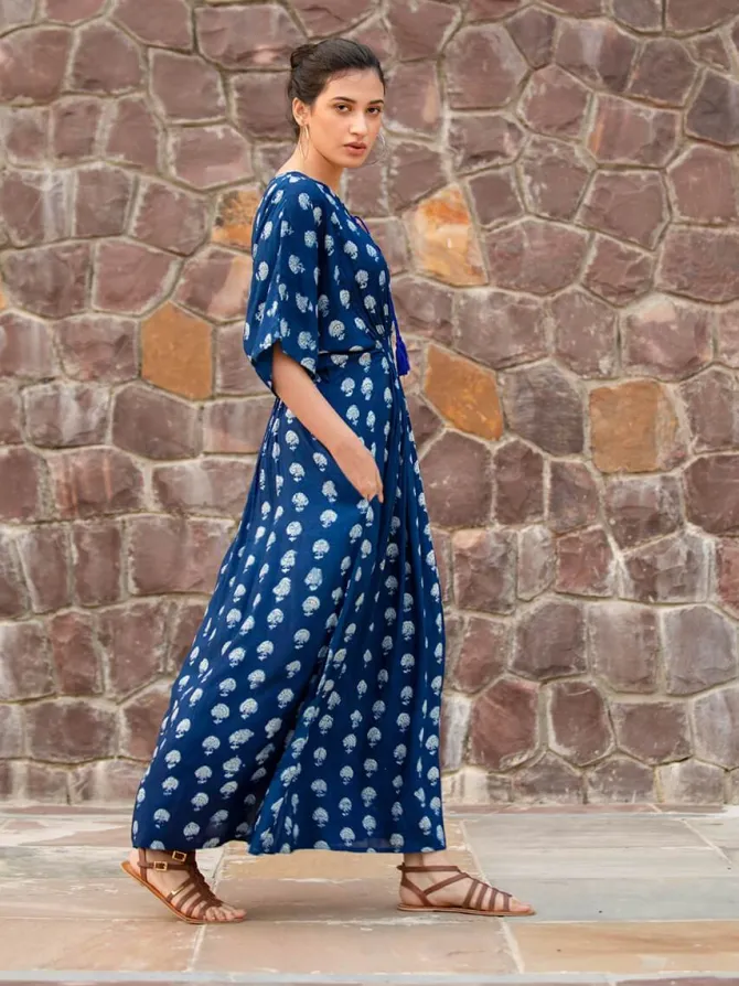 Jheel Indigo Printed Daabu Modal Kaftan Dress