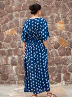 Jheel Indigo Printed Daabu Modal Kaftan Dress