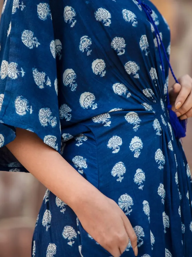 Jheel Indigo Printed Daabu Modal Kaftan Dress