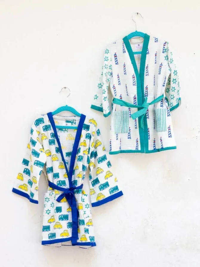 Lighthouse Magic Block Printed Waffle Cotton Bath Robe