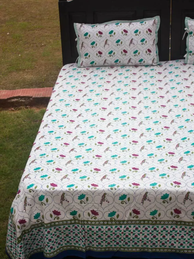 Lotus Jaal Block Printed Cotton Bedsheet