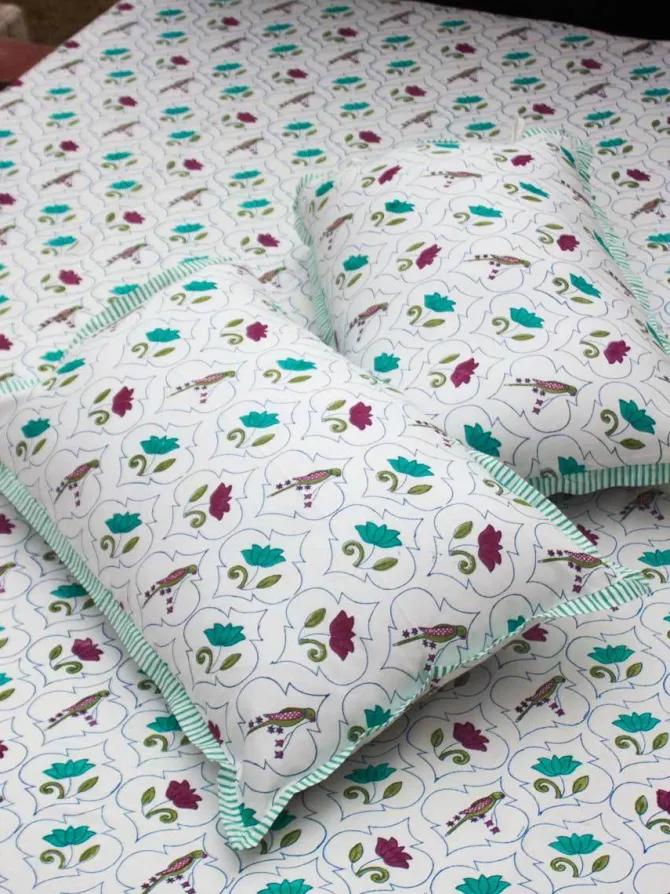 Lotus Jaal Block Printed Cotton Bedsheet