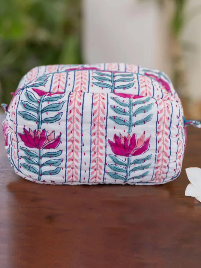 Lotus Love Block Print Cotton Travel Case