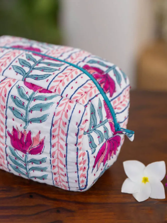 Lotus Love Block Print Cotton Travel Case